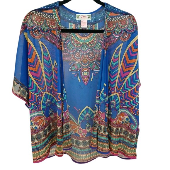 FLYING TOMATO Feather Geometric Boho Short Kimono Small Colorful Multicolor - Picture 2 of 10